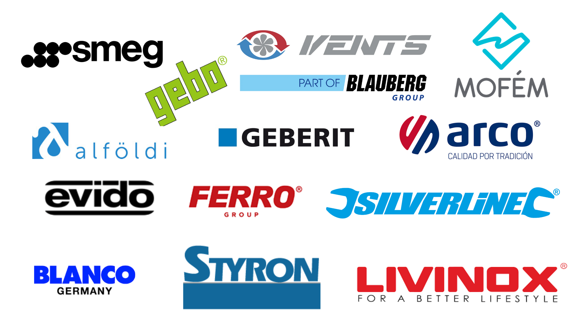 GEBO, GEBO idom, SMEG, VENTS, BLAUBERG, MOFÉM, ALFÖLDI, GEBERIT, ARCO, EVIDO, FERRO, SILVERLINE, BENCO, STYRON, LIVINOX, QO, QT, QTO, QWO, DS, O+OF, KÖNYÖK, T-IDOM